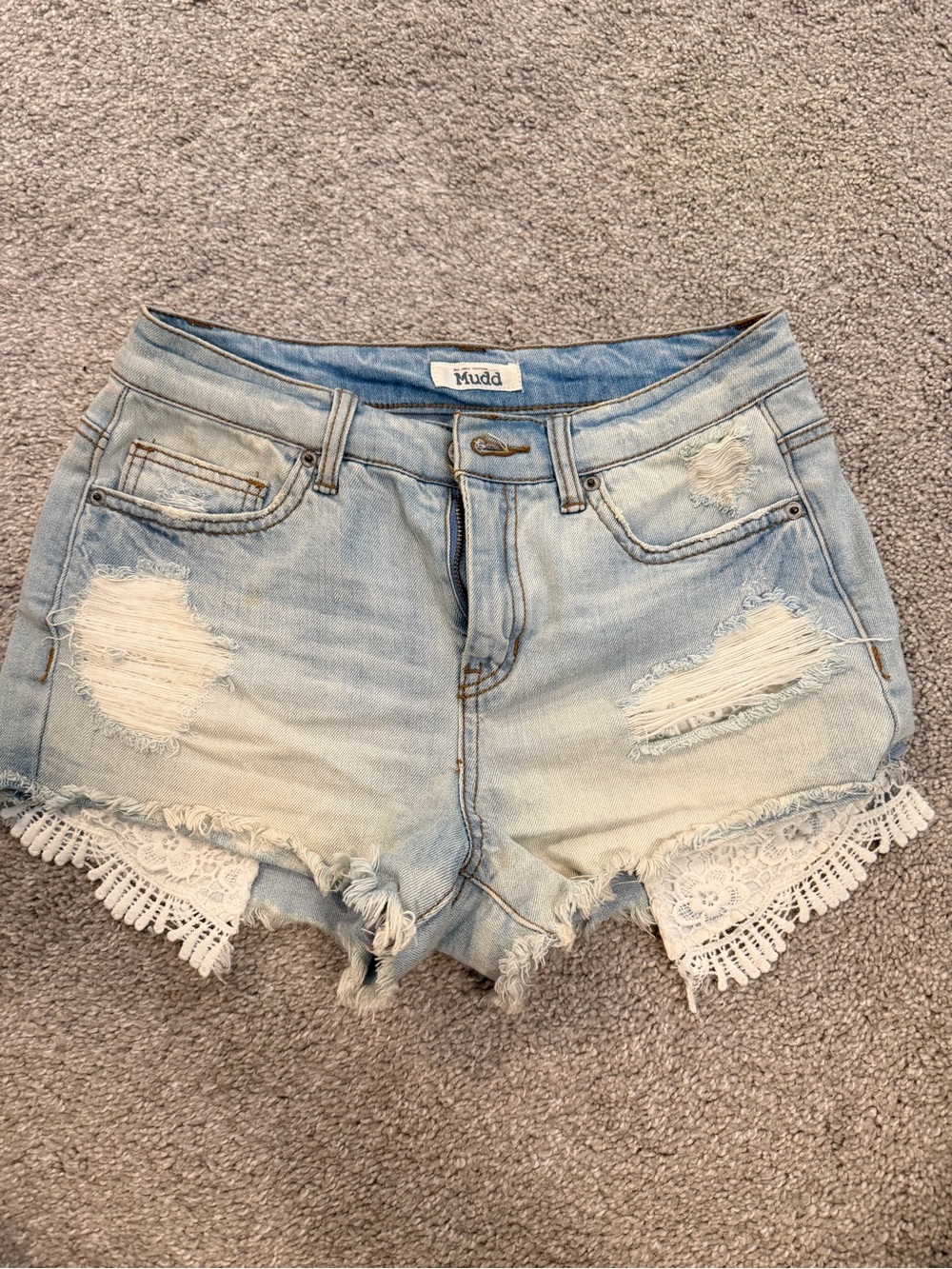 Mudd Light Wash Distressed Denim Shorts with Lace Trim Size 5